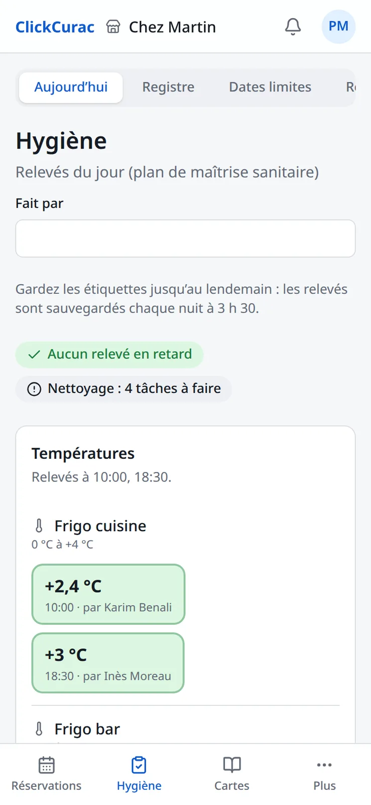 Les relevés du jour sur téléphone