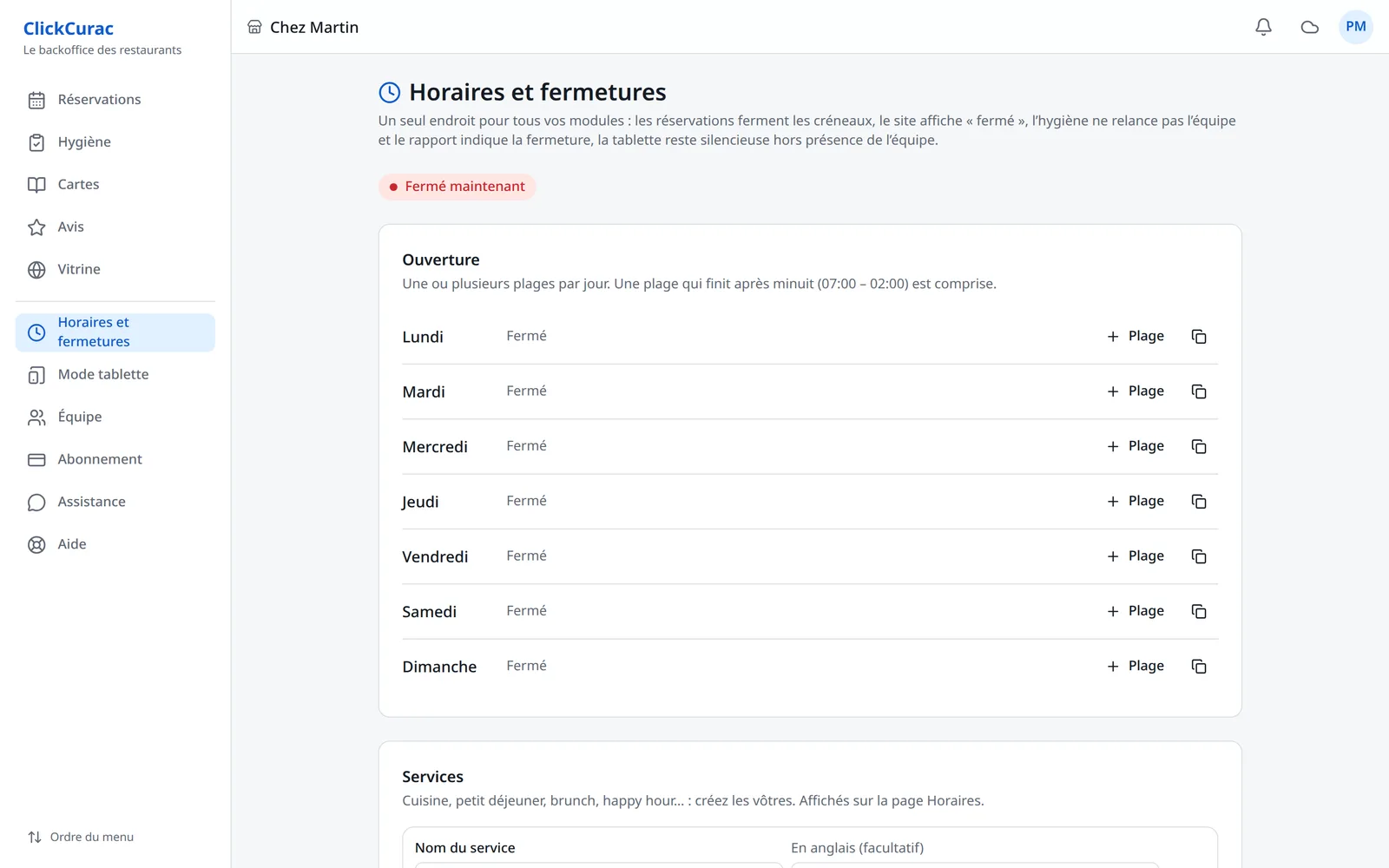 La page Horaires et fermetures