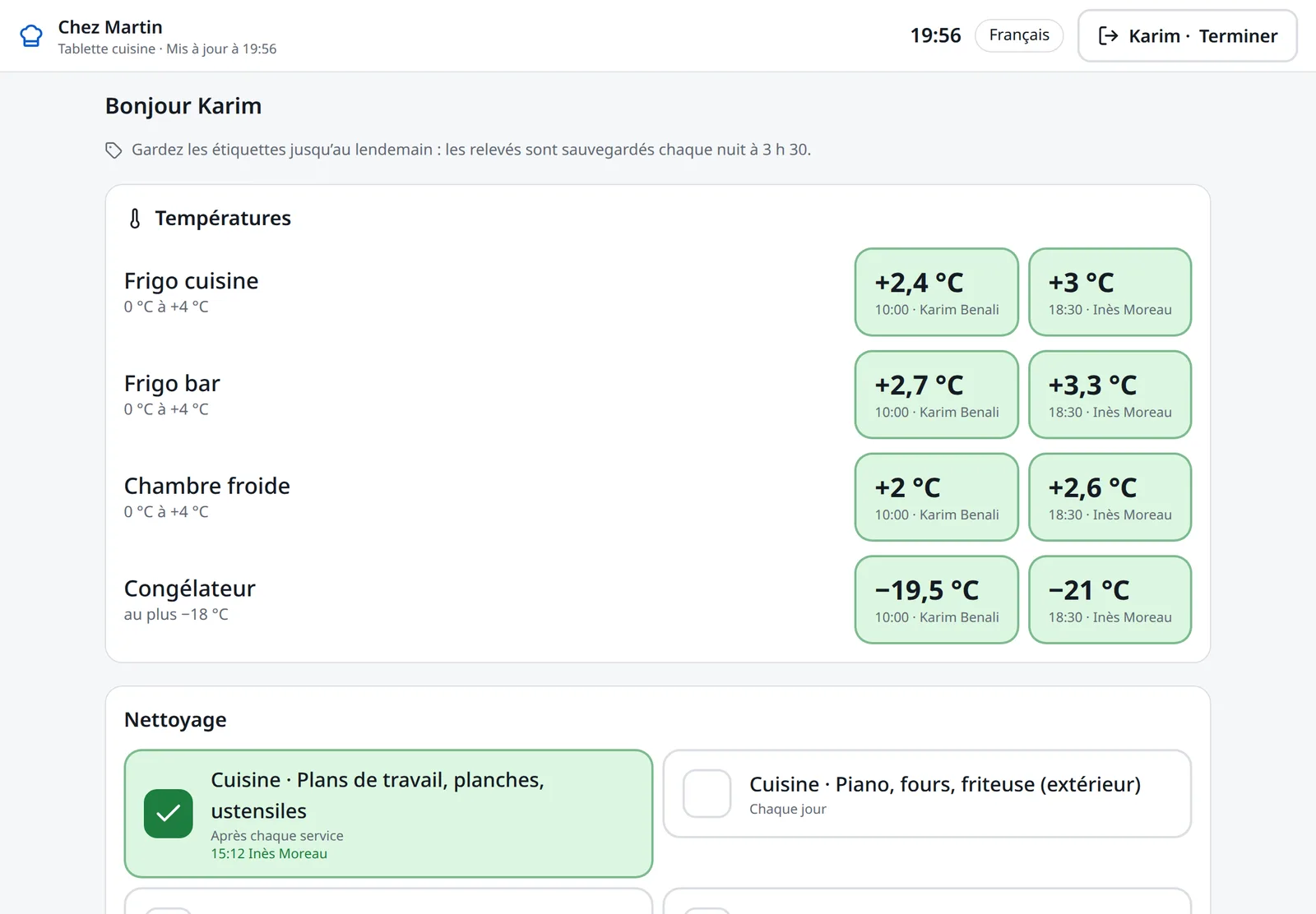 La tablette de cuisine : les températures du jour et le nettoyage