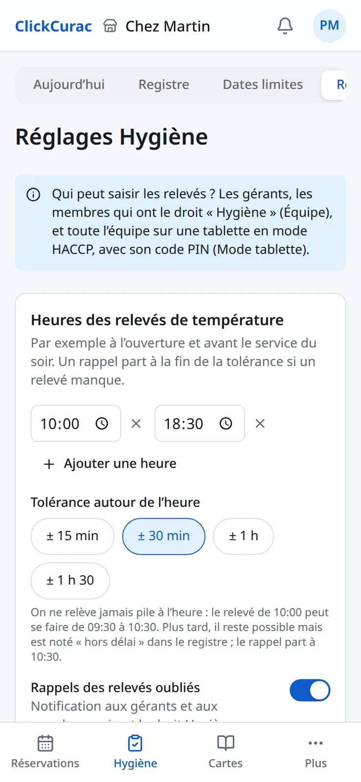 Réglage de la tolérance autour de l’heure du relevé