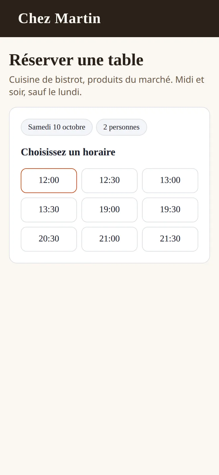 Le formulaire de réservation sur téléphone